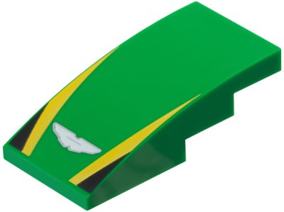 LEGO part Slope, Curved 4 x 2 with Silver and White Aston Martin Logo, Yellow Stripes, Black Triangles Pattern (93606pb206)