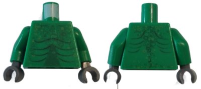 LEGO part Torso Alien with Scales and Muscles Outline on Front and Back Pattern / Green Arms / Dark Bluish Gray Hands (973pb0576c01)