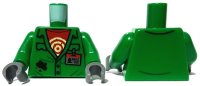 LEGO part Torso Coveralls with Pockets, Red Undershirt with Circles, Silver 'DIAZ' ID Badge, Black Splotch Pattern / Green Arms / Dark Bluish Gray Hands 973pb3622c01