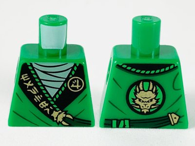 LEGO part Torso Tunic, Light Green Shirt, Wide Black Hems with Gold Ninjago Logogram 'MANTER' and Dragon Pattern (973pb3789)