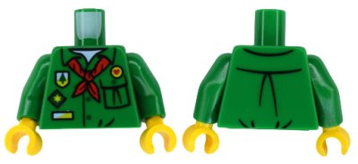 LEGO part Torso Shirt with Pocket, Scout Badges and Dark Green Buttons, Bright Light Blue Undershirt, Red Neckerchief Pattern (BAM) / Green Arms / Yellow Hands (973pb6378c01)