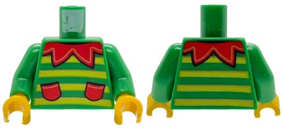 LEGO part Torso Sweater with Lime Stripes, Red Scalloped Collar and Pockets Pattern (BAM) / Green Arms / Yellow Hands (973pb6387c01)