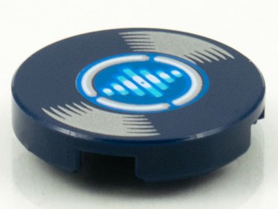 LEGO part Tile, Round 2 x 2 with Bottom Stud Holder with LP Record, Medium Azure and White Lines on Blue Label Pattern (14769pb386)