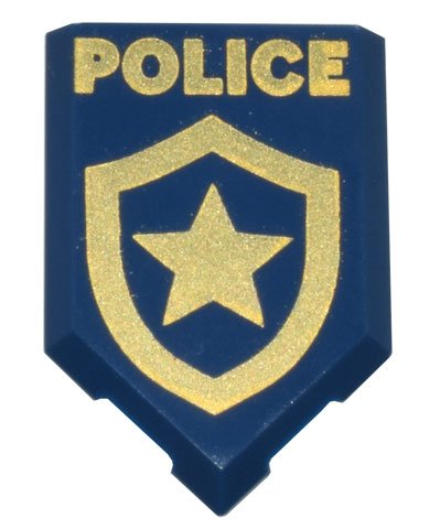 LEGO part Tile, Modified 2 x 3 Pentagonal with Gold 'POLICE' and Star Badge Logo Pattern (22385pb250)