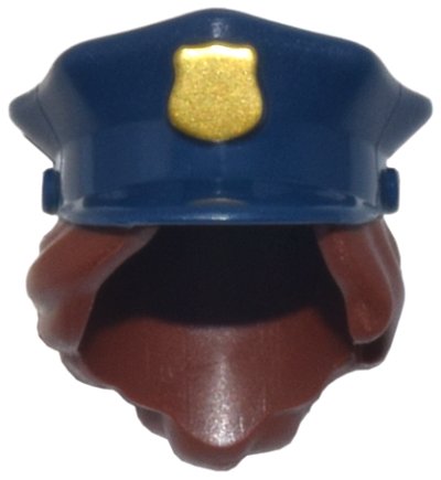 LEGO part Minifigura, Combinación de Pelo, Sombrero con Pelo, Policía con Parte Superior Azul Oscuro con Insignia Dorada y Patrón de Pelo Castaño Rojizo Recogido en Moño (28430pb02)