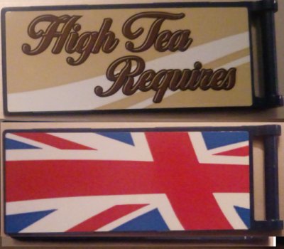 LEGO part Drapeau 7 x 3 avec Poignée Barre avec 'High Tea Requires' / Drapeau Royaume-Uni Partiel (Union Jack) Motif Modèle Côté Arrière Droit (Autocollants) - Set 10258 (30292pb035R)