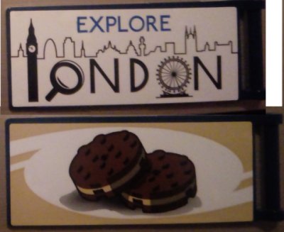LEGO part Bandiera 7 x 3 with Bar Handle with 'EXPLORE LONDON' / Biscuits Pattern Model Right Side (Stickers) - Set 10258 (30292pb036R)