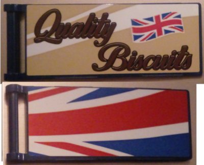 LEGO part Bandiera 7 x 3 with Bar Handle with 'Quality Biscuits' / Partial United Kingdom Flag (Union Jack) Pattern Model Back Left Side (Stickers) - Set 10258 (30292pb037L)