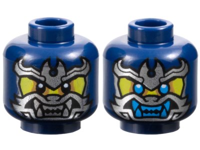 LEGO part Minifigure, Head Dual Sided Yellow Face, Silver Samurai Mask, Black Eyes / Dark Azure Eyes and Teeth Pattern - Vented Stud (3626pb3542)