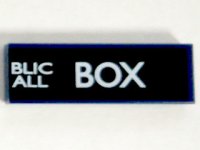 LEGO part Tile 1 x 3 with White 'BLIC', 'ALL', and 'BOX' (Police Public Call Box) on Black Background Pattern (Right Side) 63864pb038R