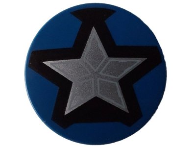 LEGO part Tile, Round 3 x 3 with Silver Captain America Star on Black Background Pattern (67095pb055)