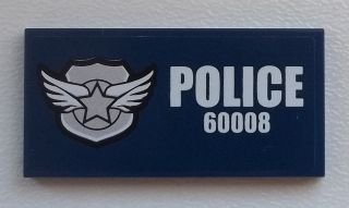 LEGO part Tile 2 x 4 with Silver Star Badge and White 'POLICE 60008' on Dark Blue Background Pattern (Sticker) - Set 60008 (87079pb0111)