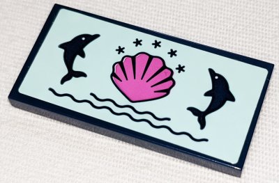 LEGO part Tile 2 x 4 with Dark Pink Shell and Dark Blue Dolphins, Stars and Waves Pattern (Sticker) - Set 41347 (87079pb0973)