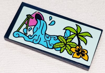 LEGO part Tile 2 x 4 with Dark Pink Bucket, Medium Azure Water, Palm Trees and Bright Light Orange Flower Pattern (Sticker) - Set 41347 (87079pb0976)