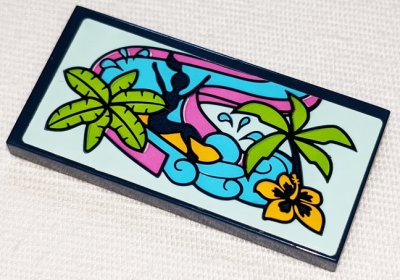 LEGO part Tile 2 x 4 with Girl on Dark Pink Water Slide, Palm Trees and Bright Light Orange Flower Pattern (Sticker) - Set 41347 (87079pb0977)