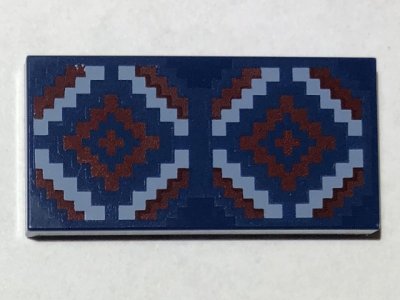 LEGO part Tile 2 x 4 with Dark Red and Medium Blue Geometric Rug Pattern (87079pb1034)