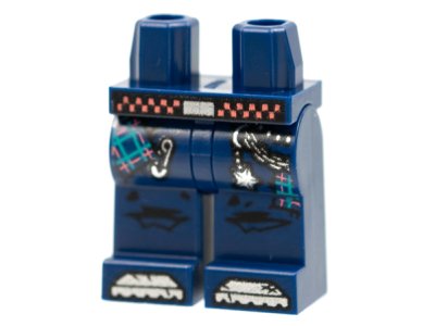 LEGO part Hips and Legs with Black and Coral Checkered Belt, Silver Pin and Chain with Star, Tears Showing Plaid Underneath Pattern (970c00pb1230)