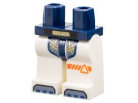 LEGO part Hips and White Legs with Gold and Sand Blue Armor Panel, Reddish Orange Triangle and Stripe on Left, Sand Blue and Dark Blue Toes Pattern 970c01pb67