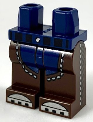 LEGO part Hips and Dark Brown Legs, Chaps over Dark Blue Pants, Silver Toes Pattern (970c120pb10)