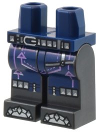 LEGO part Hips and Pearl Dark Gray Legs with Silver Belt, Knee Straps and Toes, Medium Lavender Arrows and Stitching Pattern 970c77pb15