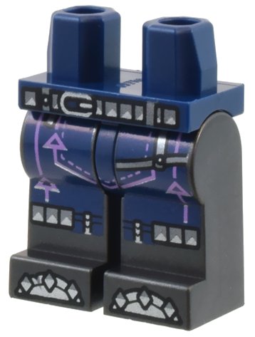 LEGO part Hips and Pearl Dark Gray Legs with Silver Belt, Knee Straps and Toes, Medium Lavender Arrows and Stitching Pattern (970c77pb15)