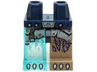 LEGO part Hips and 1 Dark Tan Left Leg, 1 Trans-Light Blue Right Leg with Gray Armor, Purple Sinew Patches and White Claws Pattern (970d21pb01)