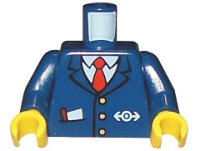 LEGO part Torso Train with Logo, Three Gold Buttons, Red Tie, Pencil & Paper in Pocket Pattern / Dark Blue Arms / Yellow Hands 973pb0320c01