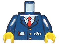 LEGO part Torso Train with Logo, Three Gold Buttons, Red Tie, Pencil & Paper in Pocket Pattern / Dark Blue Arms / Yellow Hands (973pb0320c01)