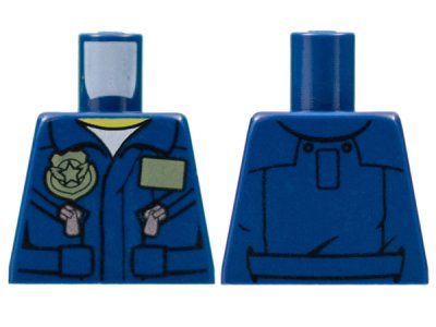 LEGO part Torso Police Flight Suit Jacket with Name Tag and Badge, Zippered Pockets Pattern (973pb0989)