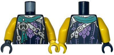 LEGO part Torso Robe with Medium Lavender Leaves, Arrows and Stitching, Dark Turquoise Scarf, Silver Armor Plates, Belt, Buckles and Hourglass Pattern / Yellow Arms / Yellow Hand Left / Dark Blue Hand Right (973pb5347c01)