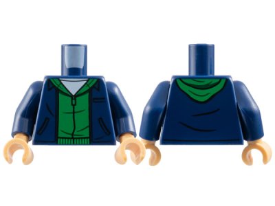 LEGO part Torso Jacket with Black Pockets over Green Hoodie, White Shirt Pattern / Dark Blue Arms / Medium Tan Hands (973pb5803c01)