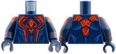 LEGO part Torso Large Red Spider, Orange Trim, Blue Muscle Contours and Dots Pattern / Dark Blue Arms with Red Pauldron, Cuff, and Stripe, Orange Trim and Blue Dots Pattern / Dark Blue Hands (973pb6282c01)