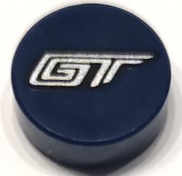 LEGO part Tile, Round 1 x 1 with Silver 'GT' Pattern 98138pb368
