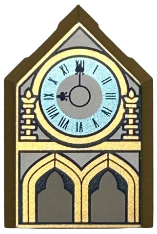 LEGO part Tile, Modified 2 x 3 Pentagonal with Clock with Metallic Light Blue Face, Roman Numerals, and Arches Pattern (22385pb223)