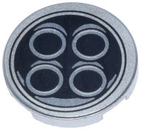 LEGO part Tile, Round 2 x 2 with Bottom Stud Holder with 4 Exhaust Pipes in Black Circle Pattern 14769pb594