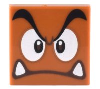 LEGO onderdeel Tile 2 x 2 with Black Eyebrows, Dark Brown and White Eyes Looking Straight, Angry Frown with Bottom Fangs Pattern (Super Mario Goomba Face) 3068pb1374