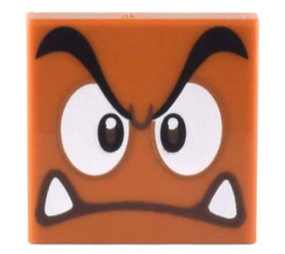 LEGO part Tile 2 x 2 with Black Eyebrows, Dark Brown and White Eyes Looking Straight, Angry Frown with Bottom Fangs Pattern (Super Mario Goomba Face) (3068pb1374)
