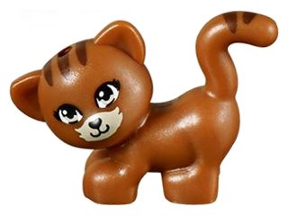 LEGO part Cat, Friends, Standing and Looking Left with Tan Eyes and Muzzle, Black Nose and Mouth, and Reddish Brown Stripes Pattern (93089pb03)