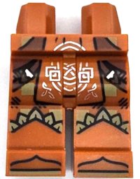 LEGO onderdeel Hips and Legs with Loincloth with Silver Celtic Knot, Reddish Brown Belts, Olive Green Feathers, Shoe Tips Pattern 970c00pb1558
