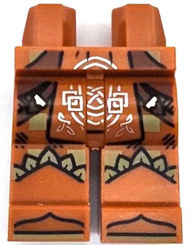 LEGO part Hips and Legs with Loincloth with Silver Celtic Knot, Reddish Brown Belts, Olive Green Feathers, Shoe Tips Pattern (970c00pb1558)