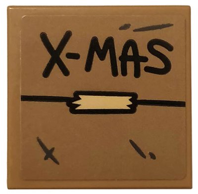LEGO part Tile 2 x 2 with Black 'X-MAS' and Tan Tape on Dark Tan Background Pattern (Sticker) - Set 75810 (3068pb1283)