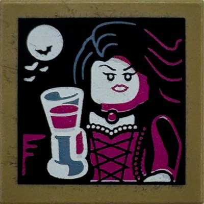 LEGO part Tile 2 x 2 with Moon, Bats, and Woman Holding Goblet Pattern - set 31167 (3068pb2634)