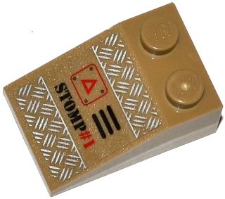 LEGO part Slope 33 3 x 2 with Tread Plates, Grille, Red Triangle and 'STOMP #1' Pattern Model Left Side (Sticker) - Set 70161 (3298pb057L)