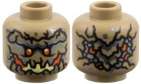 LEGO part Minifigure, Head Alien, Black Cracks, Dark Silver Markings, Bright Light Yellow and Reddish Orange Eyes and Mouth Pattern 3626pb4086