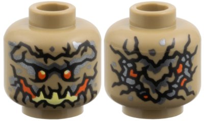 LEGO part Minifigure, Head Alien, Black Cracks, Dark Silver Markings, Bright Light Yellow and Reddish Orange Eyes and Mouth Pattern (3626pb4086)