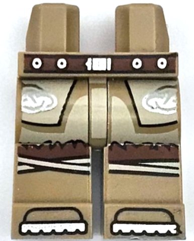 LEGO part Hips and Legs with Reddish Brown Belt with Silver Buckle and Circles, Tan Tunic with Fur Hem and Celtic Knots, Knee Wrappings, Shoe Tips Pattern (970c00pb1559)