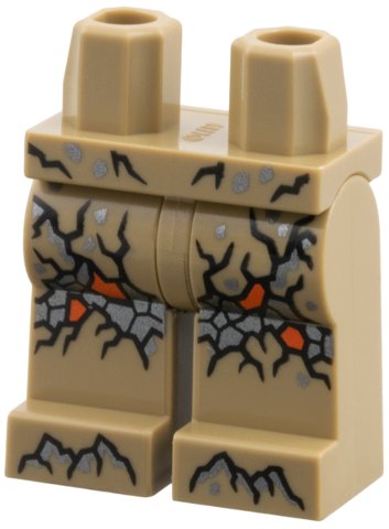 LEGO part Hips and Legs with Black Cracks, Dark Silver and Reddish Orange Markings Pattern (970c00pb1888)