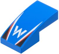 LEGO part Slope, Curved 2 x 1 x 2/3 with Williams Formula 1 Logo Stylized Capital Letter W, White and Red Stripes, Black Triangles Pattern 11477pb214