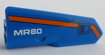 LEGO part Technic, Panel Fairing #22 Very Small Smooth, Side A with White 'MR80', Orange Stripe, and Black Door Handle Pattern (Sticker) - Set 42071 (11947pb065)