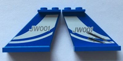 LEGO part Tail 4 x 1 x 3 with White Curved Stripes and 'JW001' on Blue Background Pattern on Both Sides (Stickers) - Set 75915 (2340pb057)
